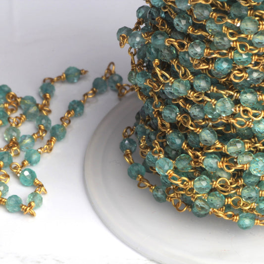 Sea Blue Apatite 3mm Faceted Rounds Rosary Chain Sterling Silver with Gold Plating Wire Wrap Chain by the Foot