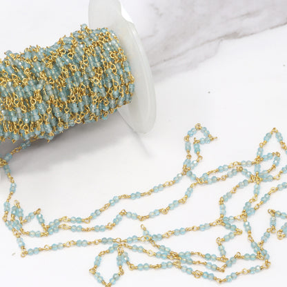 Sea Blue Apatite 2.5mm Faceted Rounds Rosary Chain Sterling Silver with Gold Plating Double Bead Wire Wrap Chain by the Foot
