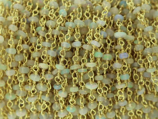 Ethiopian Opal 3mm Smooth Rondelles Rosary Chain Sterling Silver with Gold Plating Wire Wrap Chain by the Foot