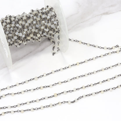 White Moonstone 3.5mm Faceted Rondelles Rosary Chain Sterling Silver with Black Rhodium Plating Wire Wrap Chain by the Foot