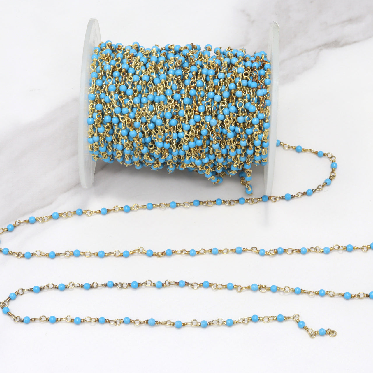 Blue Turquoise (R) 2mm Smooth Rounds Rosary Chain Sterling Silver with Gold Plating Wire Wrap Chain by the Foot