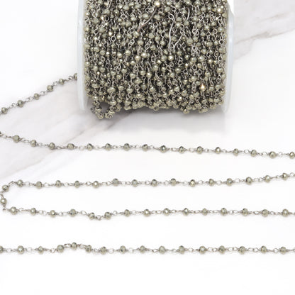Natural Pyrite 3mm Faceted Rondelles Rosary Chain Sterling Silver Wire Wrap Chain by the Foot