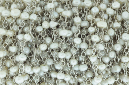 White Freshwater Pearl 3mm Smooth Rondelles Rosary Chain Sterling Silver Wire Wrap Chain by the Foot