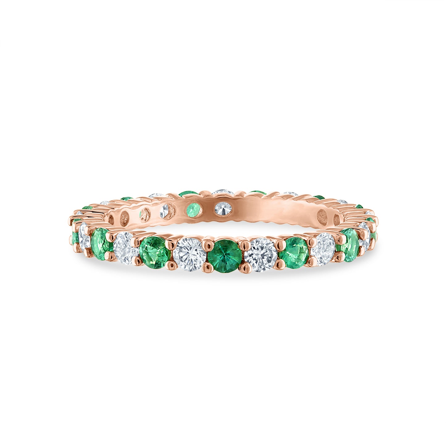 Shared Prong Emerald and White Diamond Eternity Band