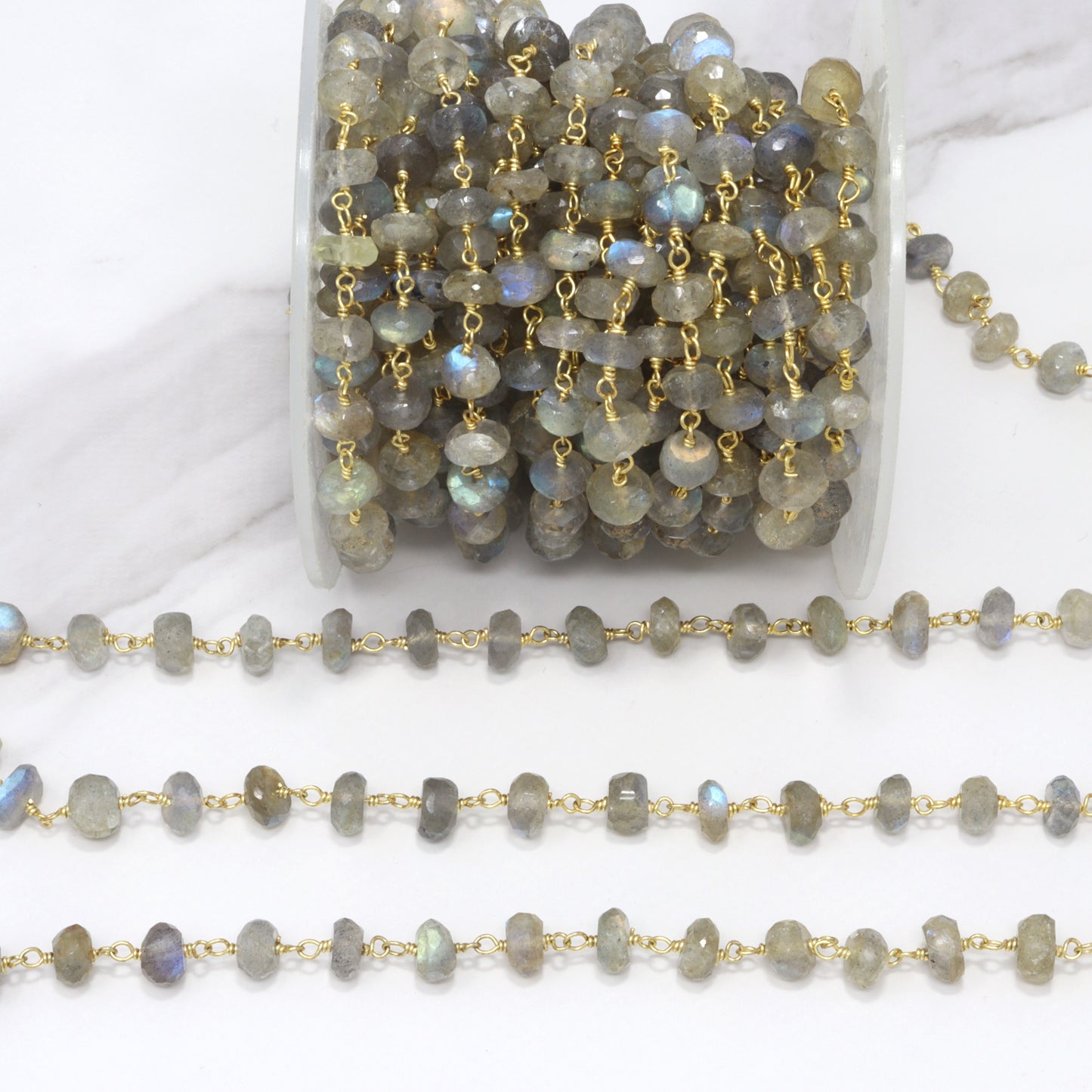 Blue Labradorite 6mm Faceted Rondelles Rosary Chain Sterling Silver with Gold Plating Wire Wrap Chain by the Foot