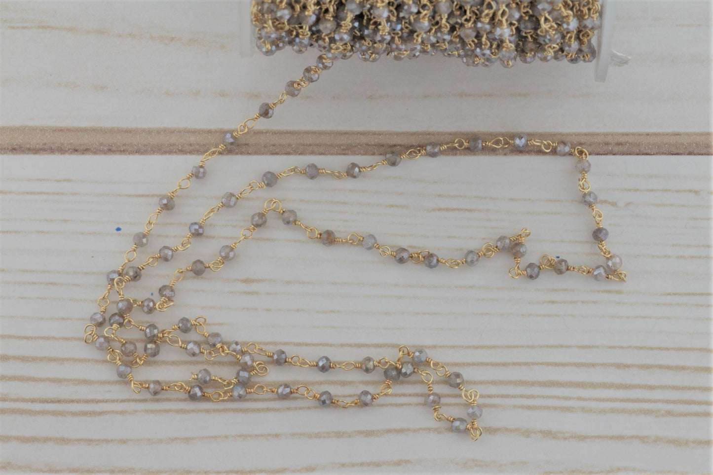 Coated Labradorite 3mm Faceted Rondelles Rosary Chain Sterling Silver with Gold Plating Wire Wrap Chain by the Foot