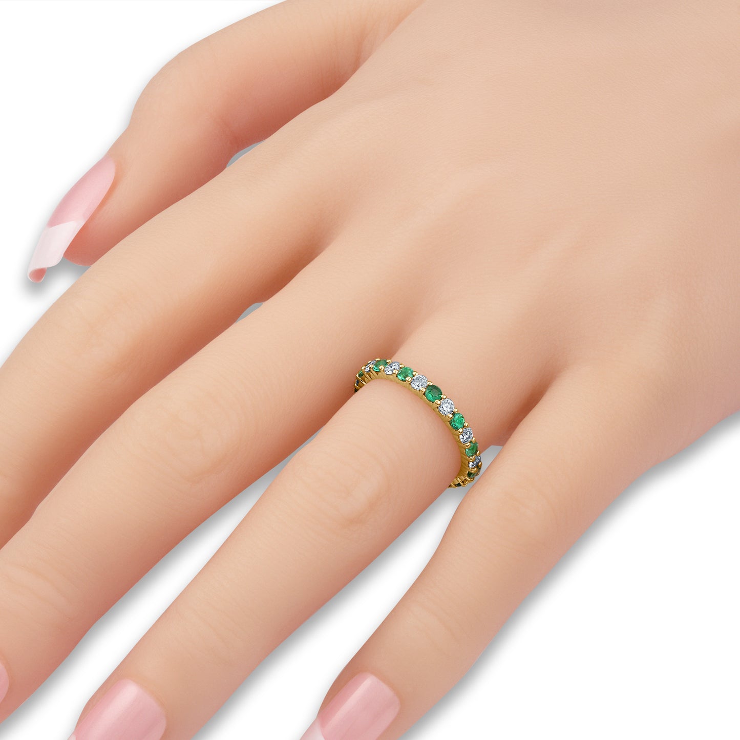 Shared Prong Emerald and White Diamond Eternity Band