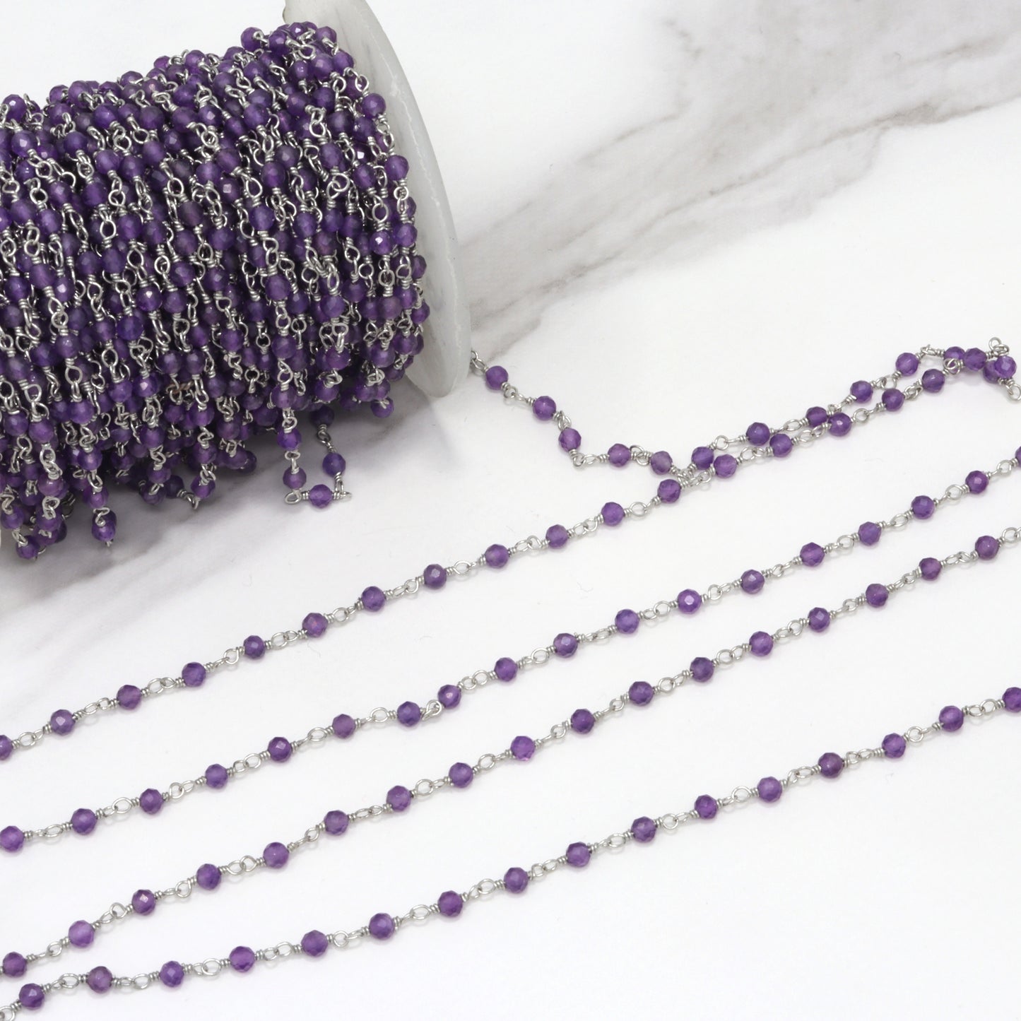 Purple Amethyst 2.5mm Faceted Rounds Rosary Chain Sterling Silver Wire Wrap Chain by the Foot