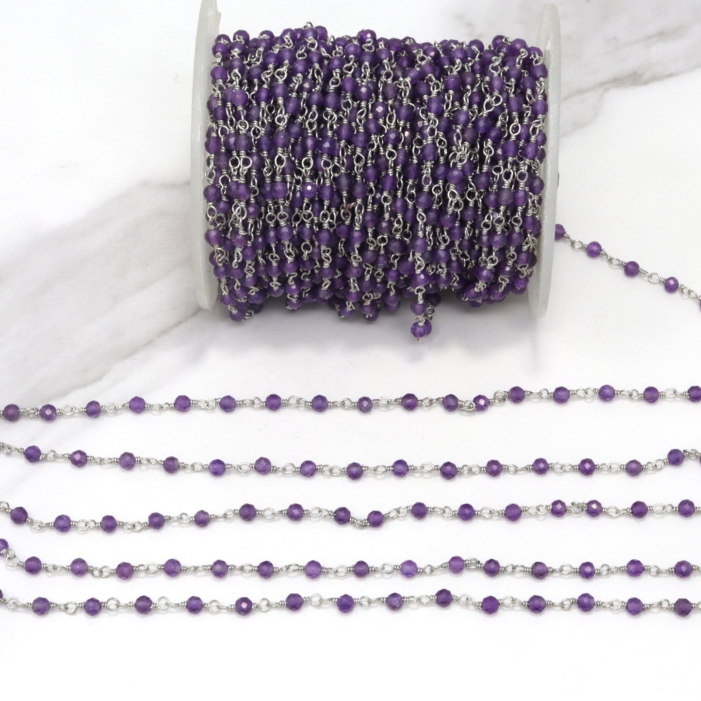 Purple Amethyst 2.5mm Faceted Rounds Rosary Chain Sterling Silver Wire Wrap Chain by the Foot