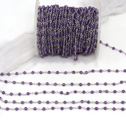 Purple Amethyst 2.5mm Faceted Rounds Rosary Chain Sterling Silver Wire Wrap Chain by the Foot