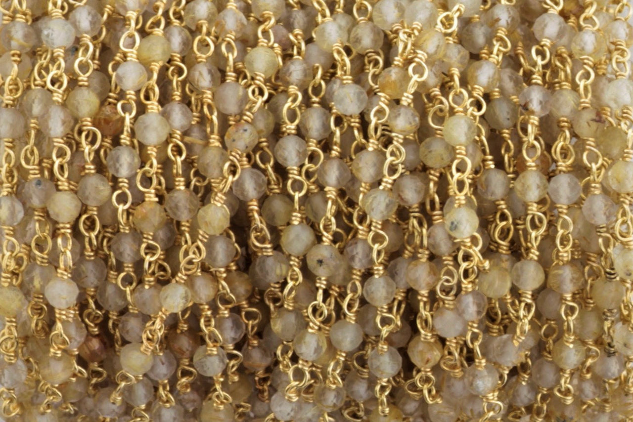 Natural Brown Zircon 3mm Faceted Rondelles Rosary Chain Sterling Silver with Gold Plating Wire Wrap Chain by the Foot