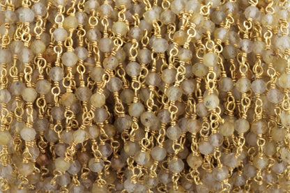 Natural Brown Zircon 3mm Faceted Rondelles Rosary Chain Sterling Silver with Gold Plating Wire Wrap Chain by the Foot