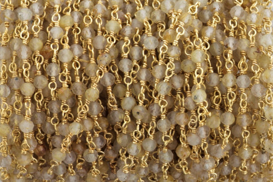 Natural Brown Zircon 3mm Faceted Rondelles Rosary Chain Sterling Silver with Gold Plating Wire Wrap Chain by the Foot