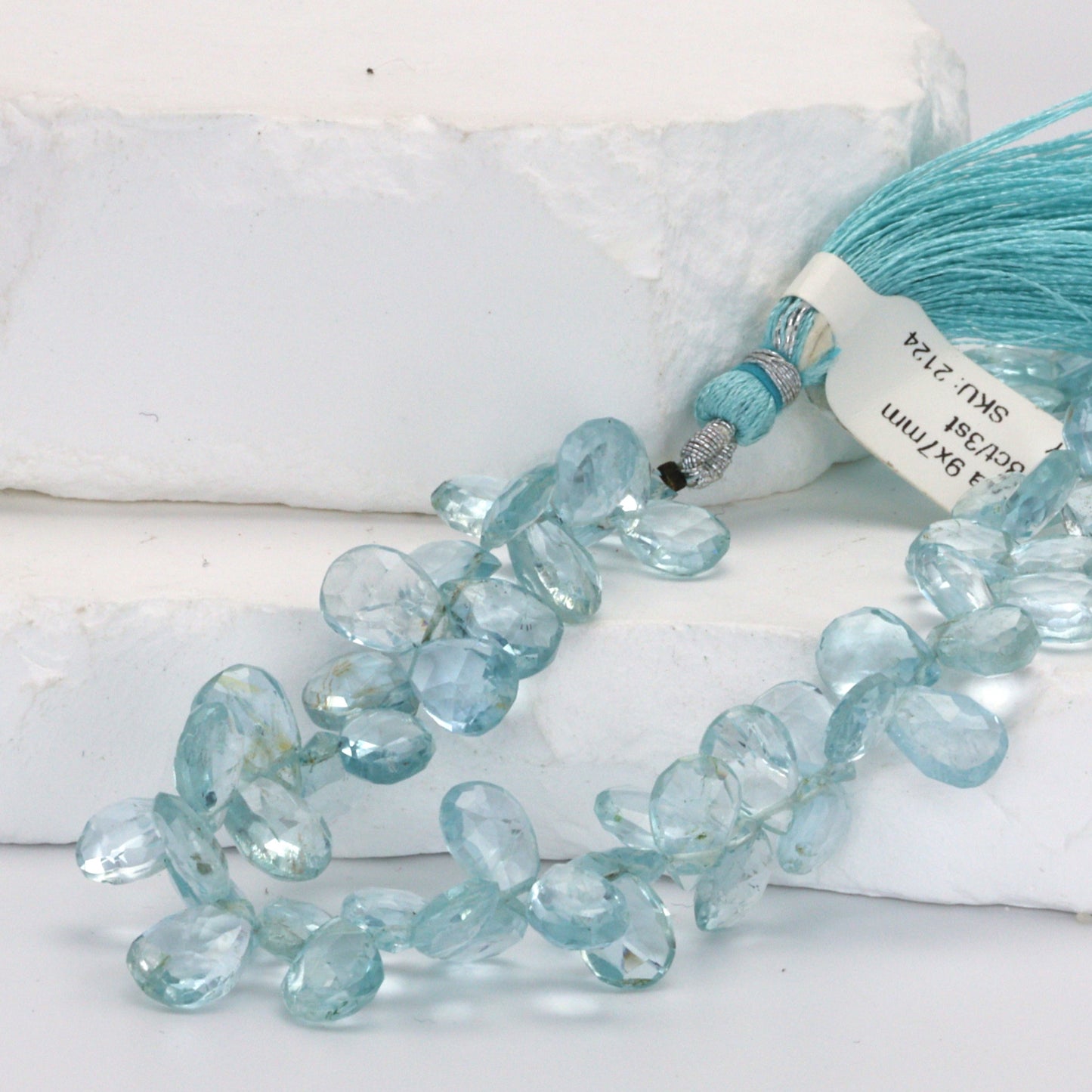 Blue Aquamarine 9x7mm Faceted Pear Shaped Briolettes Bead Strand