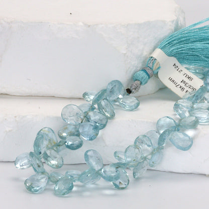 Blue Aquamarine 9x7mm Faceted Pear Shaped Briolettes Bead Strand
