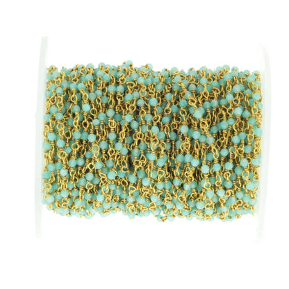 Blue Amazonite 2mm Faceted Rounds Rosary Chain Sterling Silver with Gold Plating Wire Wrap Chain by the Foot