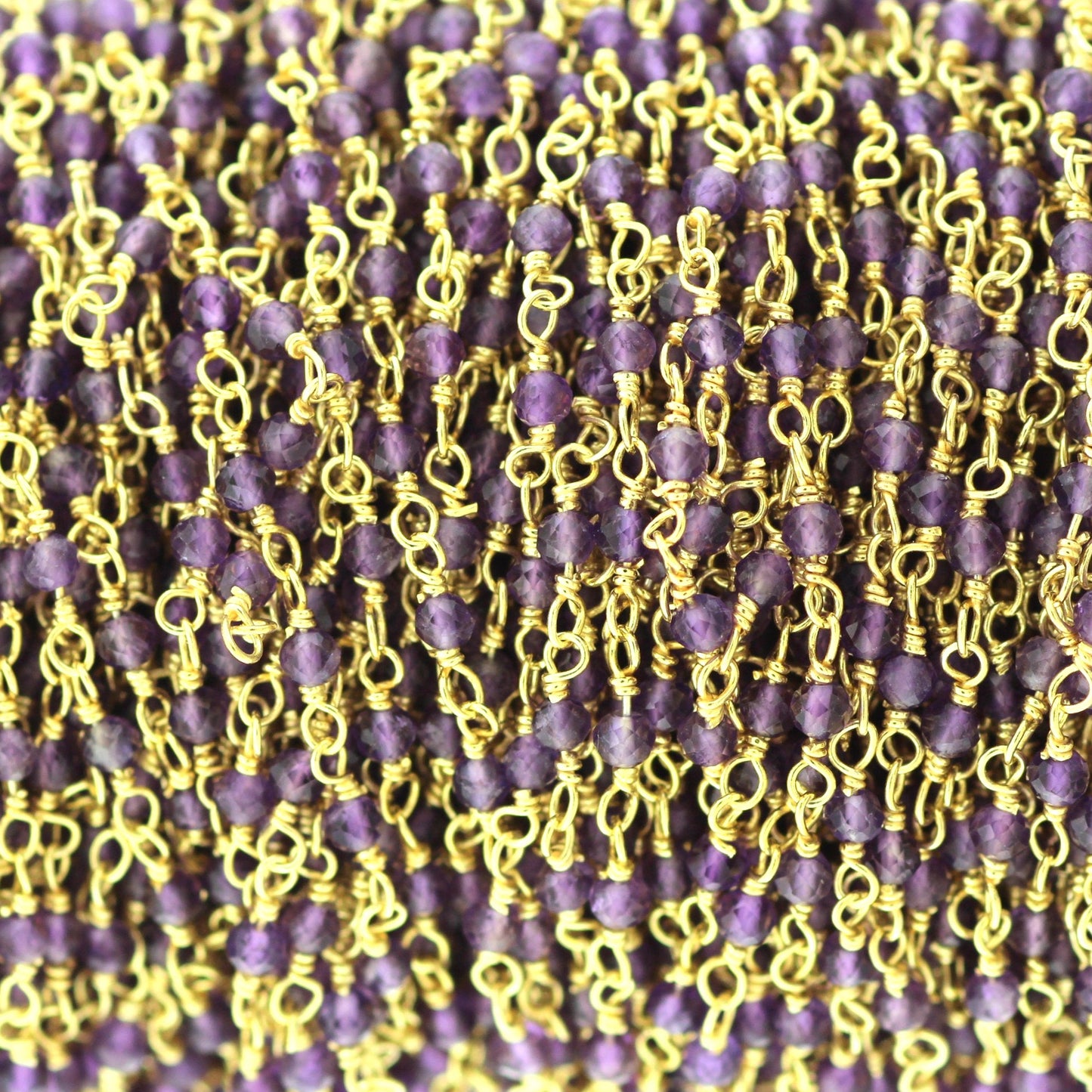 Purple Amethyst 2.5mm Faceted Rounds Rosary Chain Sterling Silver with Gold Plating Wire Wrap Chain by the Foot