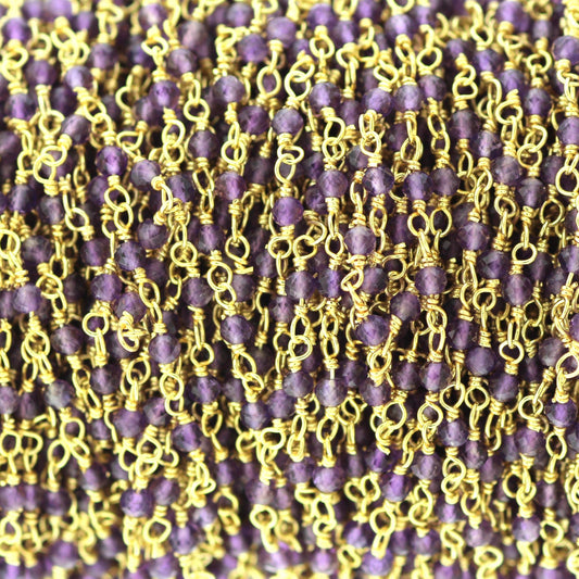 Purple Amethyst 2.5mm Faceted Rounds Rosary Chain Sterling Silver with Gold Plating Wire Wrap Chain by the Foot