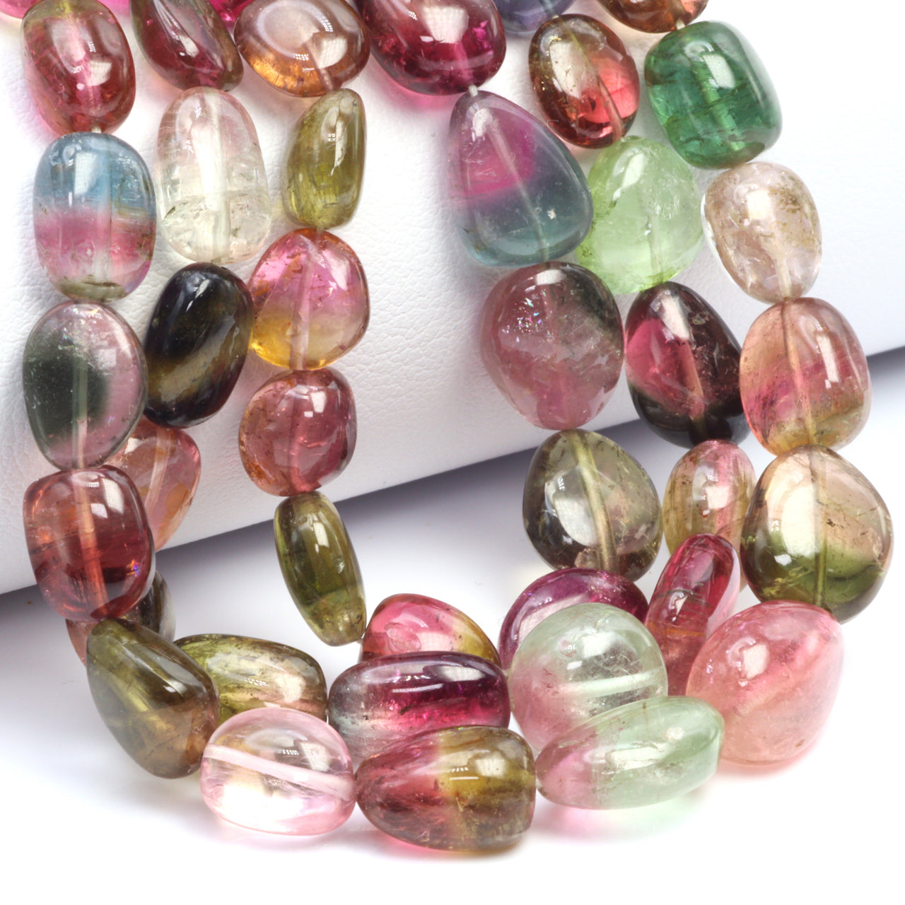 Watermelon Tourmaline 7x5mm - 14x10mm Smooth Nuggets 5 Strand Bead Necklace