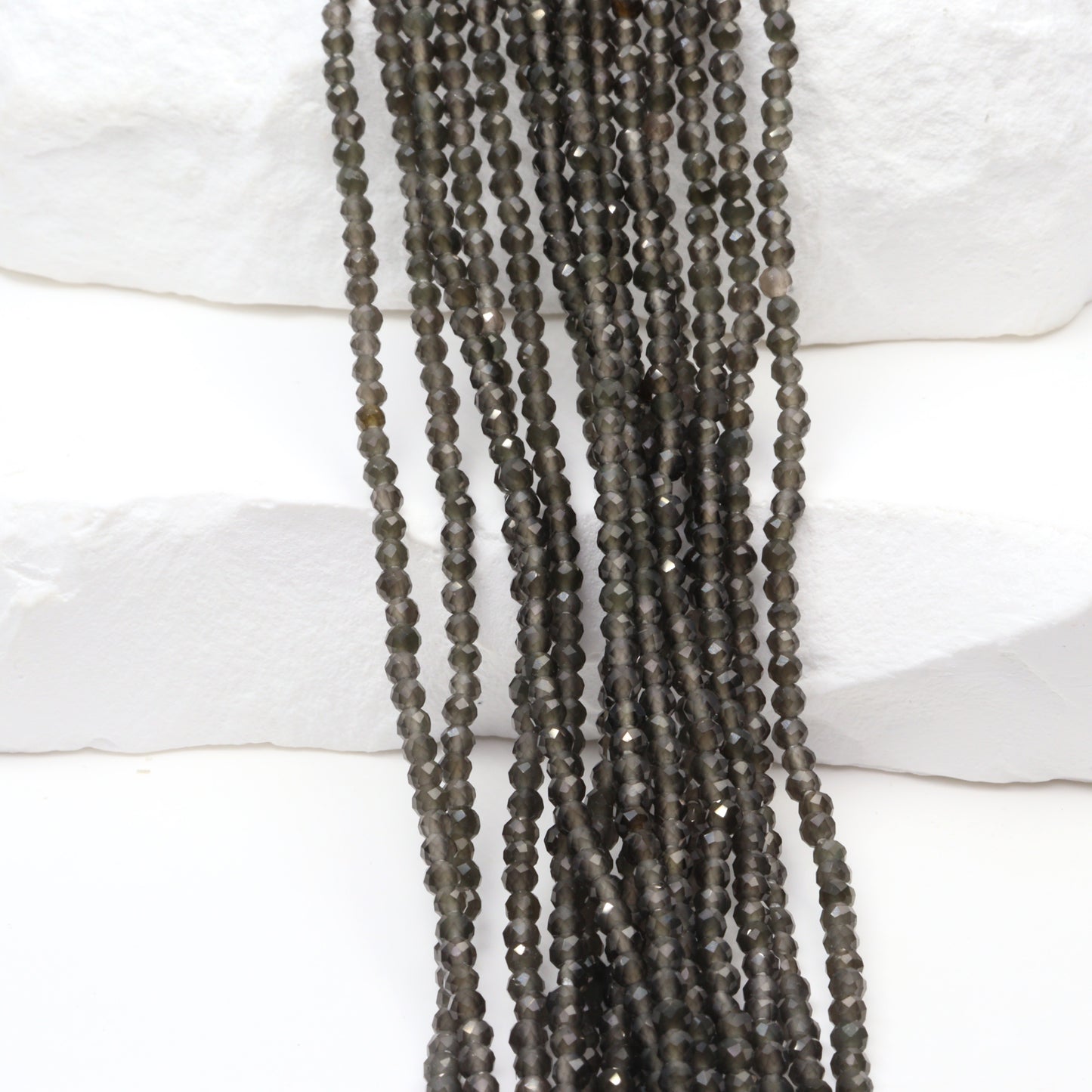 Black Obsidian 2mm Faceted Rounds Bead Strand