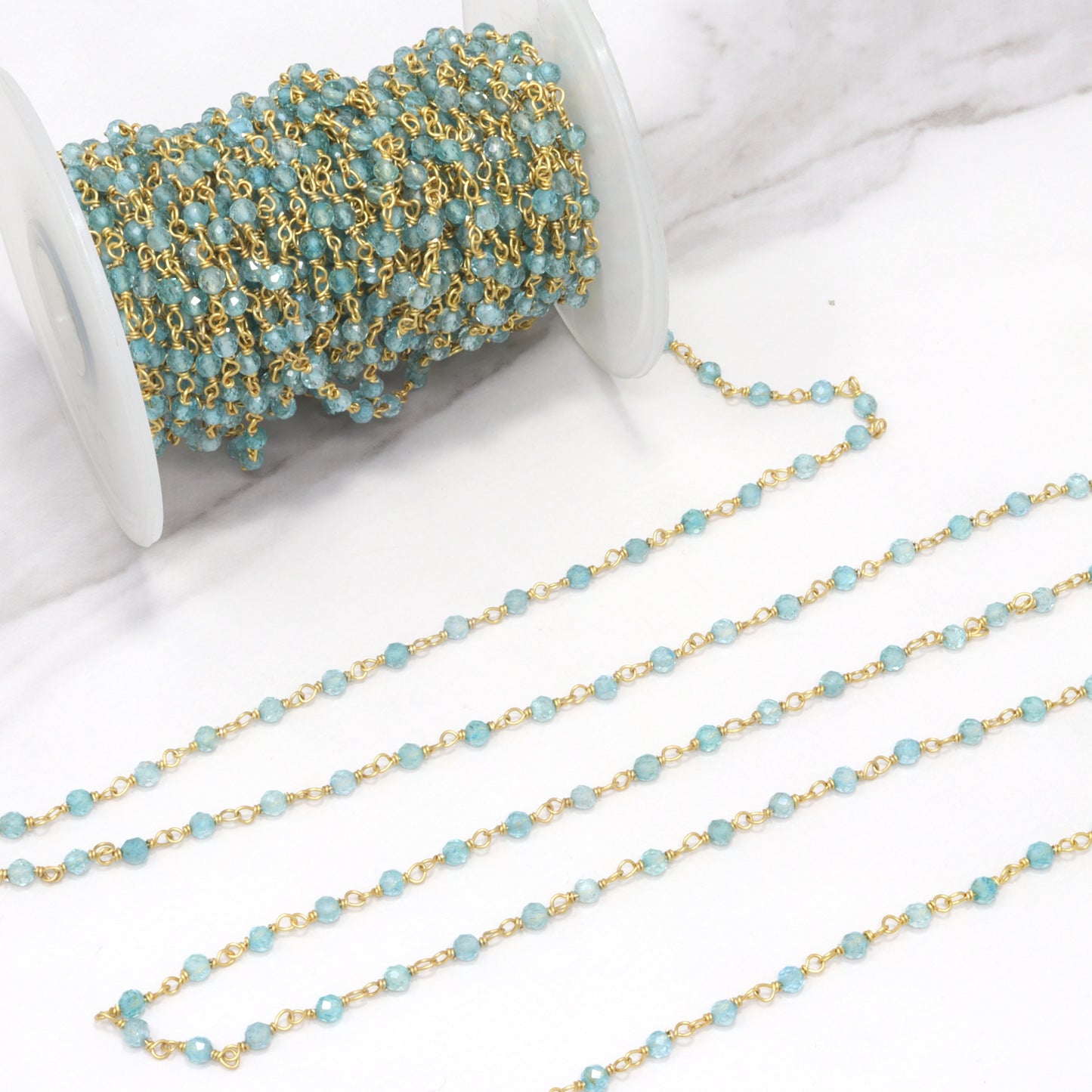 Sea Blue Apatite 3mm Faceted Rounds Rosary Chain Sterling Silver with Gold Plating Wire Wrap Chain by the Foot