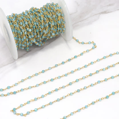 Sea Blue Apatite 3mm Faceted Rounds Rosary Chain Sterling Silver with Gold Plating Wire Wrap Chain by the Foot