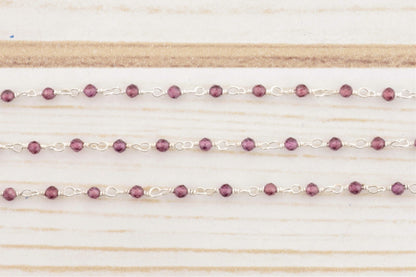Rhodolite Garnet 2.5mm Faceted Rounds Rosary Chain Sterling Silver Wire Wrap Chain by the Foot