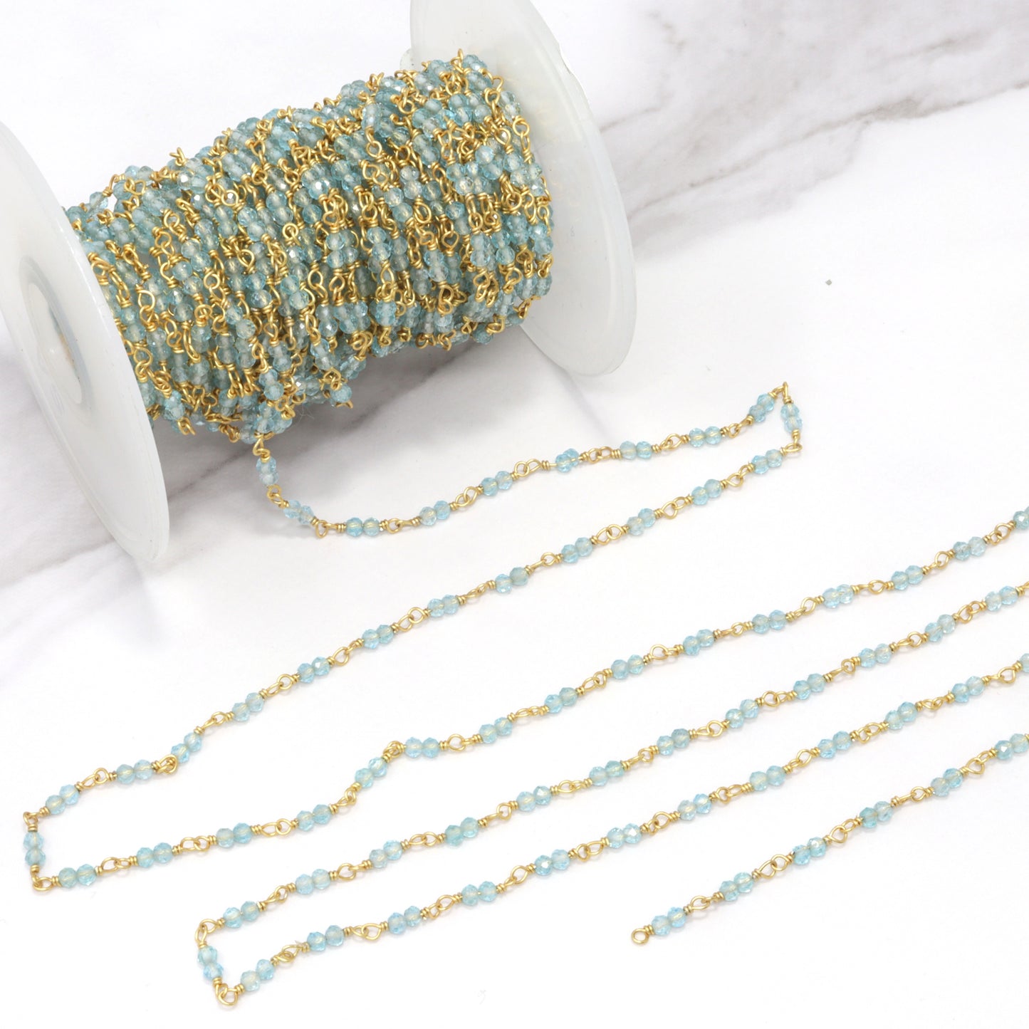 Sea Blue Apatite 2.5mm Faceted Rounds Rosary Chain Sterling Silver with Gold Plating Double Bead Wire Wrap Chain by the Foot