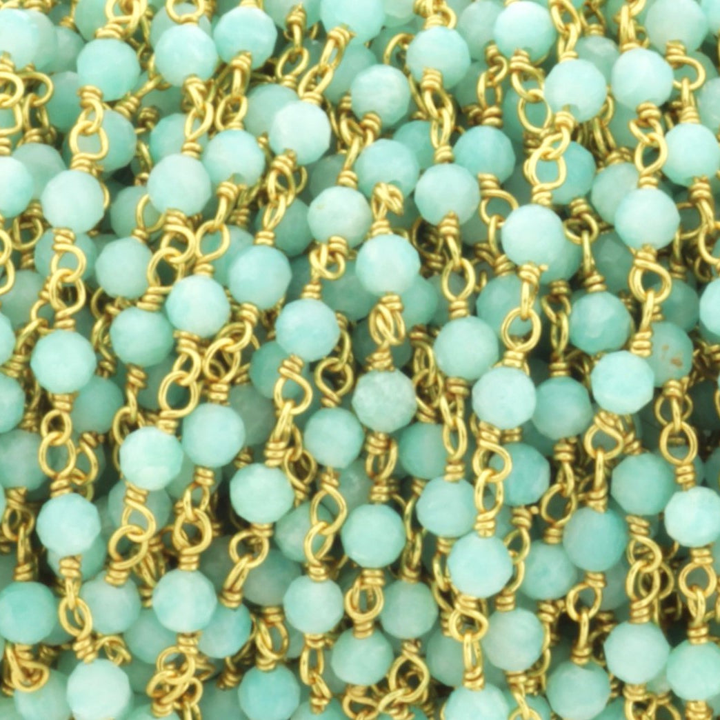 Blue Amazonite 3mm Faceted Rounds Rosary Chain Sterling Silver with Gold Plating Wire Wrap Chain by the Foot