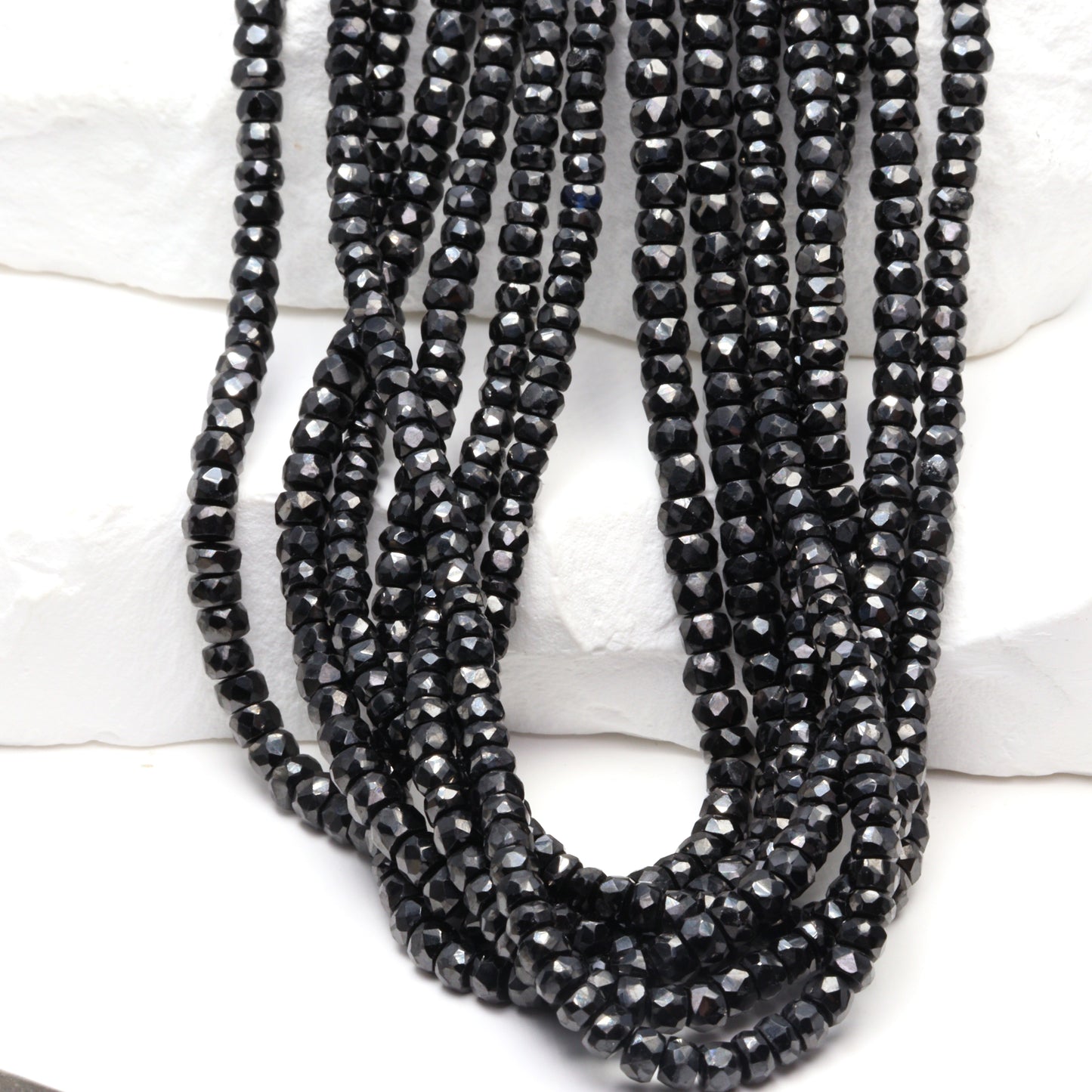 Black Cubic Zirconia 3mm Hand Faceted Rondelles Bead Strand