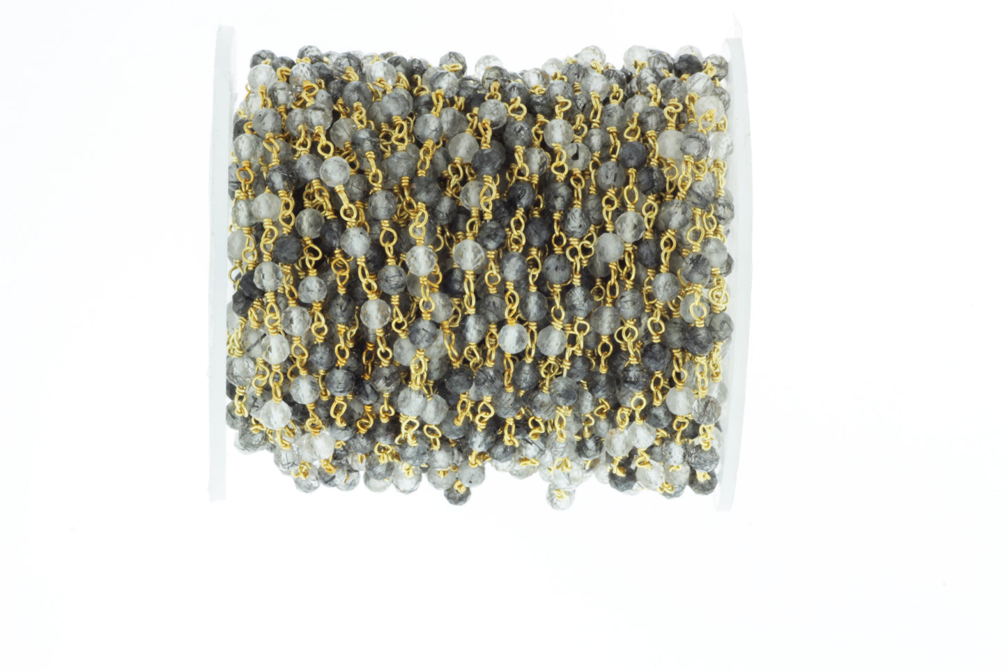 Black Tourmalinated Quartz 3.5mm Faceted Rounds Rosary Chain Sterling Silver with Gold Plating Wire Wrap Chain by the Foot