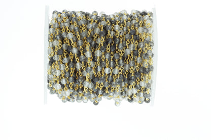 Black Tourmalinated Quartz 3.5mm Faceted Rounds Rosary Chain Sterling Silver with Gold Plating Wire Wrap Chain by the Foot