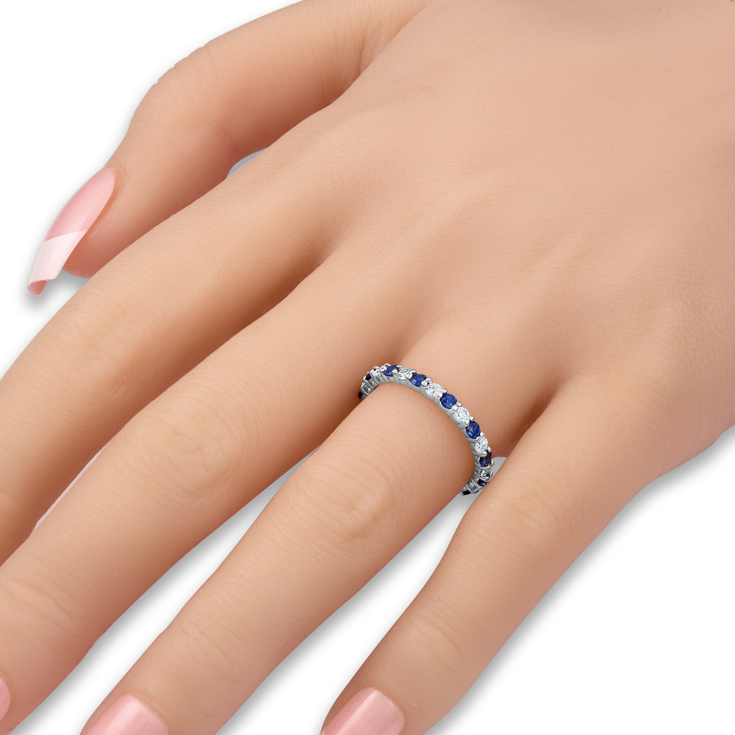 Shared Prong Blue Sapphire and White Diamond Eternity Band