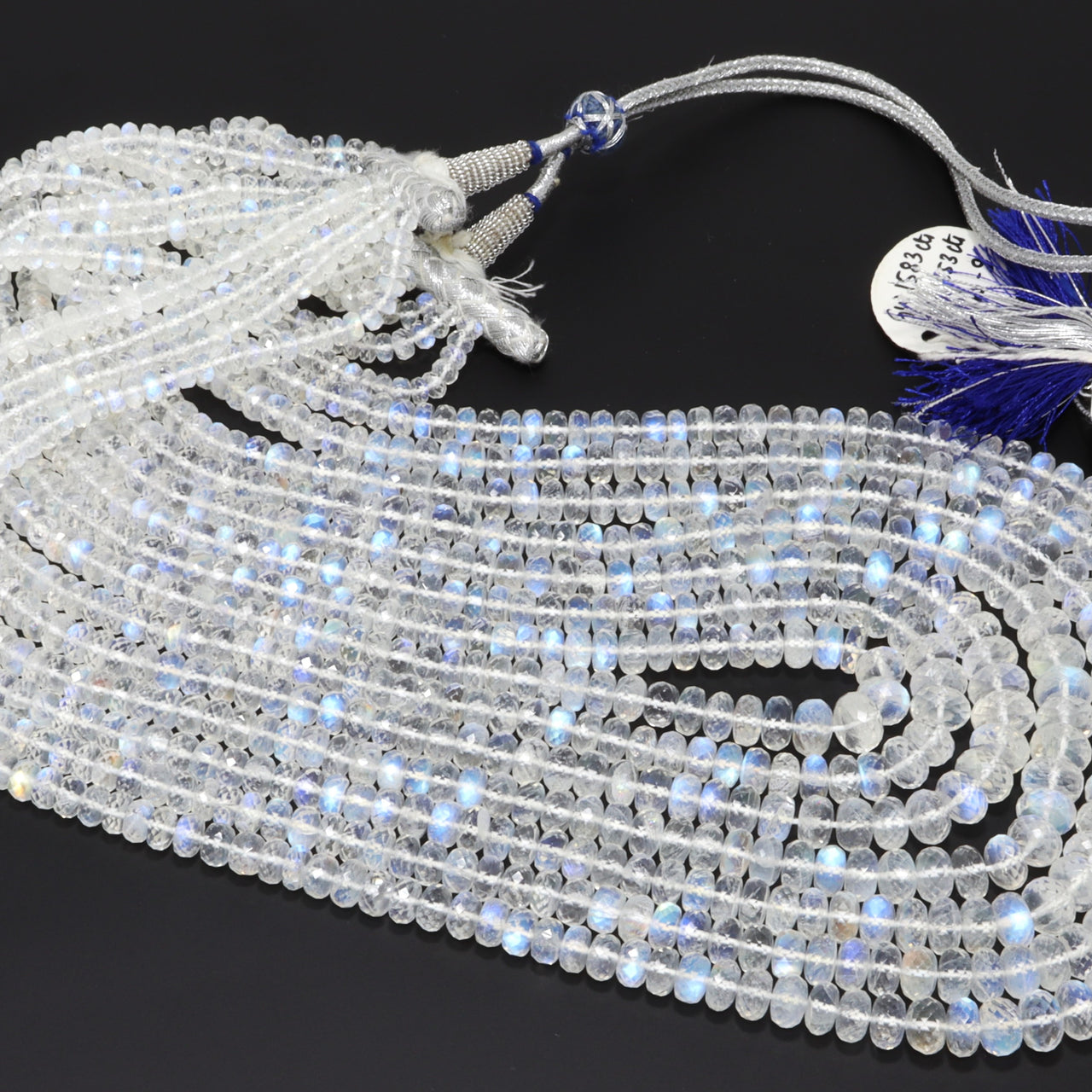 AAA Blue Rainbow Moonstone 7mm - 12mm Faceted Rondelles 5 Strand Bead Necklace