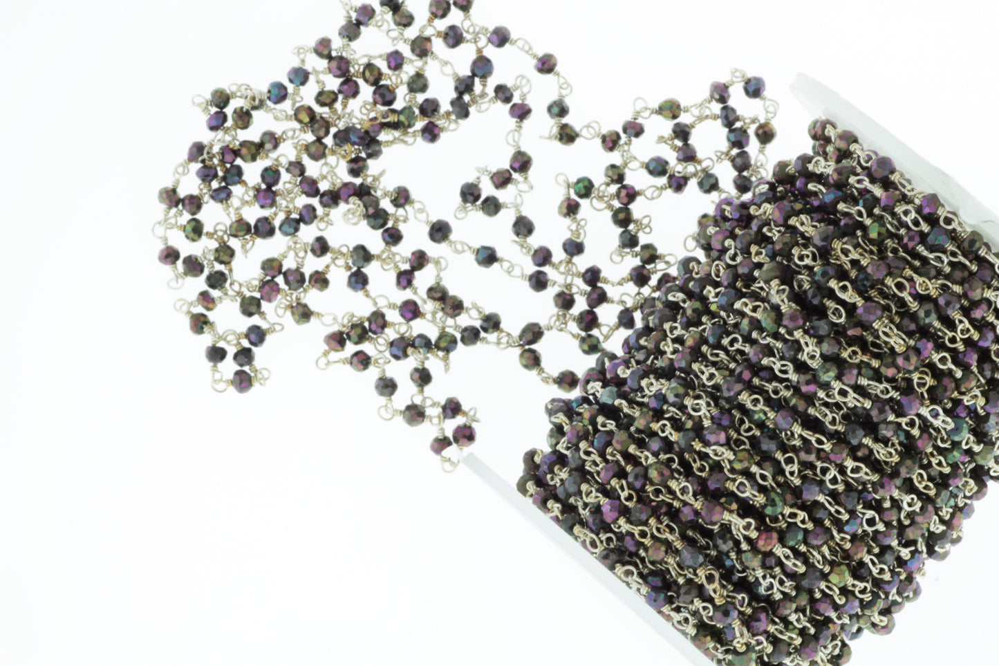 Purple Coated Black Spinel 3mm Faceted Rondelles Rosary Chain Sterling Silver Wire Wrap Chain by the Foot