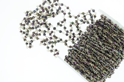 Purple Coated Black Spinel 3mm Faceted Rondelles Rosary Chain Sterling Silver Wire Wrap Chain by the Foot