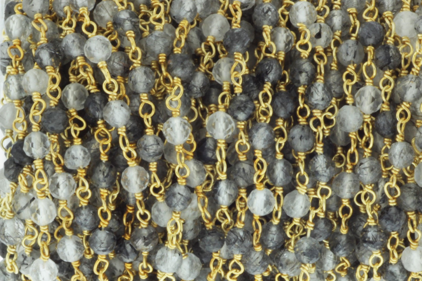 Black Tourmalinated Quartz 3.5mm Faceted Rounds Rosary Chain Sterling Silver with Gold Plating Wire Wrap Chain by the Foot