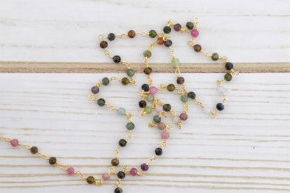 Watermelon Tourmaline 3mm Faceted Rounds Rosary Chain Sterling Silver with Gold Plating Wire Wrap Chain by the Foot