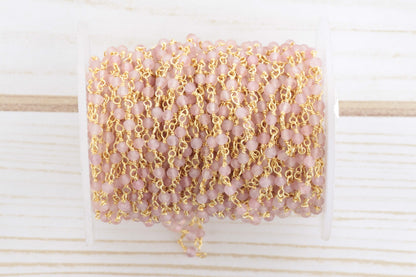 Pink Rose Quartz 3mm Faceted Rounds Rosary Chain Sterling Silver with Gold Plating Wire Wrap Chain by the Foot