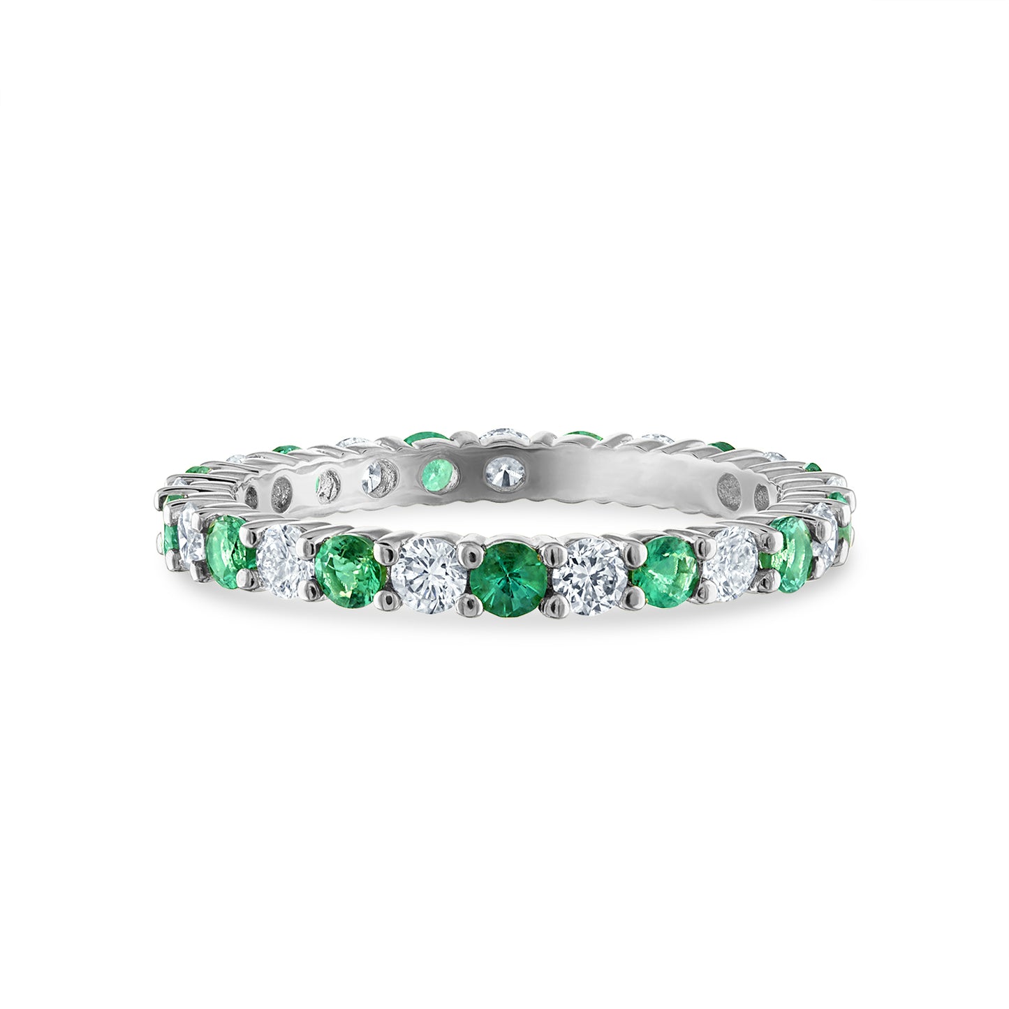 Shared Prong Emerald and White Diamond Eternity Band