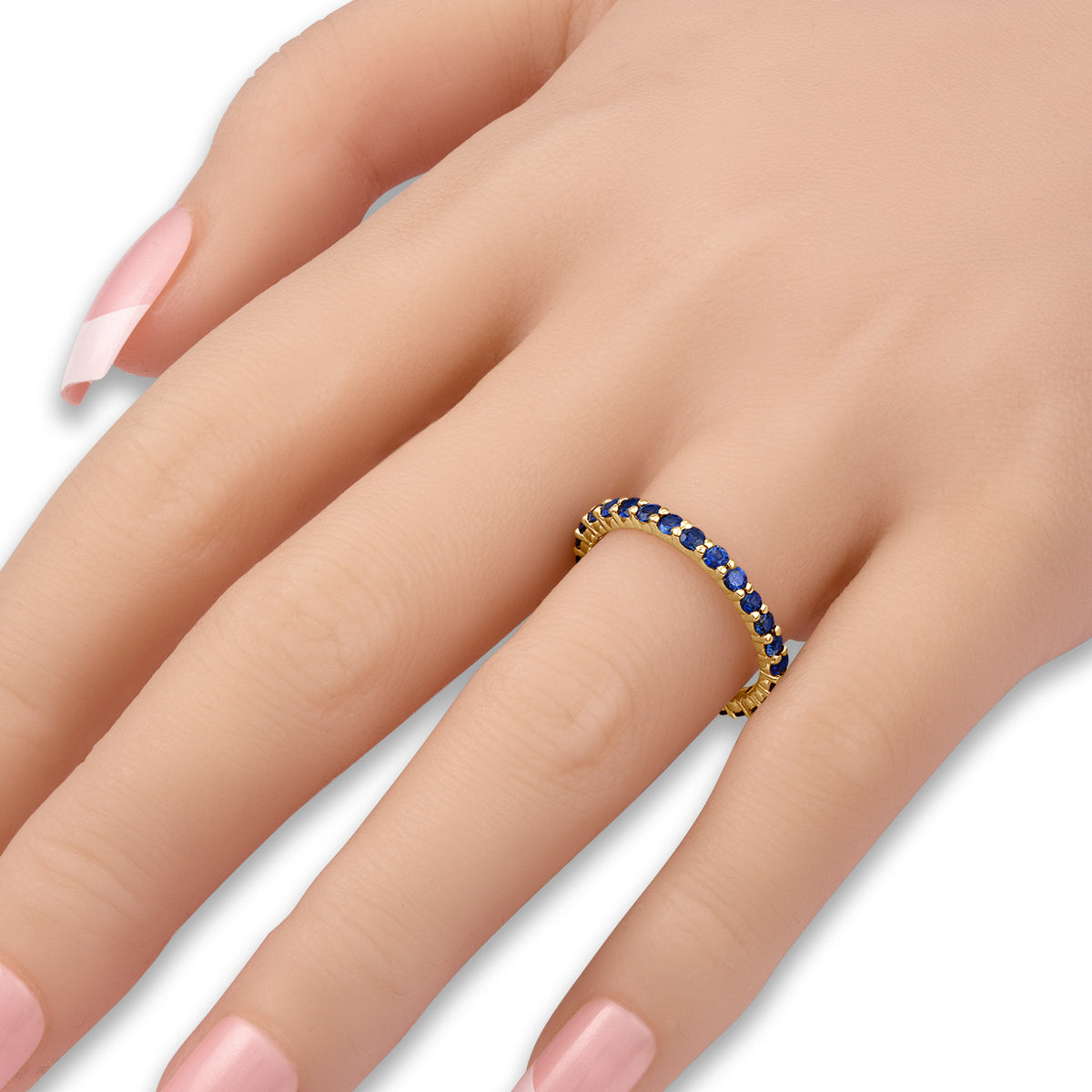18k Yellow Gold and 18k White Gold and 18k Rose Gold Blue Sapphire Shared Prong ring, alternate view 3