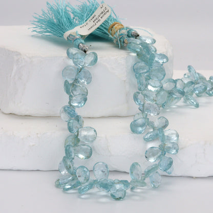 Blue Aquamarine 9x7mm Faceted Pear Shaped Briolettes Bead Strand