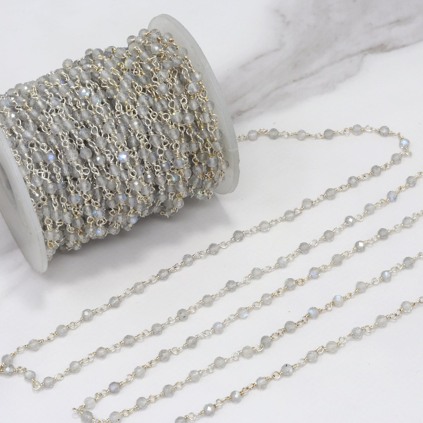 Blue Labradorite 3mm Faceted Rondelles Rosary Chain Sterling Silver Wire Wrap Chain by the Foot