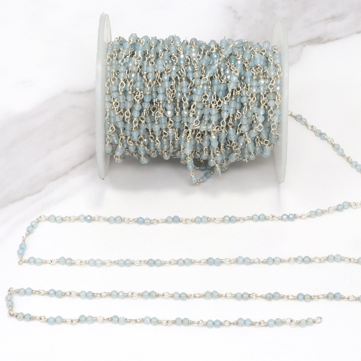 Blue Milky Aquamarine 2.5mm Faceted Rounds Double Bead Rosary Chain Sterling Silver Wire Wrap Chain by the Foot