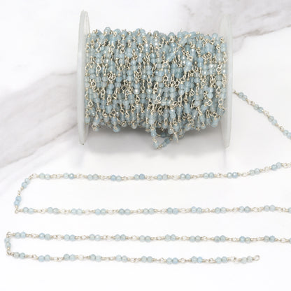 Blue Milky Aquamarine 2.5mm Faceted Rounds Double Bead Rosary Chain Sterling Silver Wire Wrap Chain by the Foot