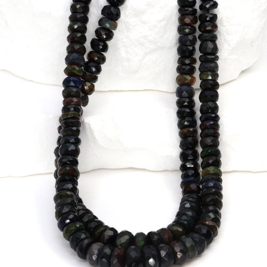 Black Ethiopian Opal 4mm - 5.5mm Hand Faceted Rondelles Bead Strand