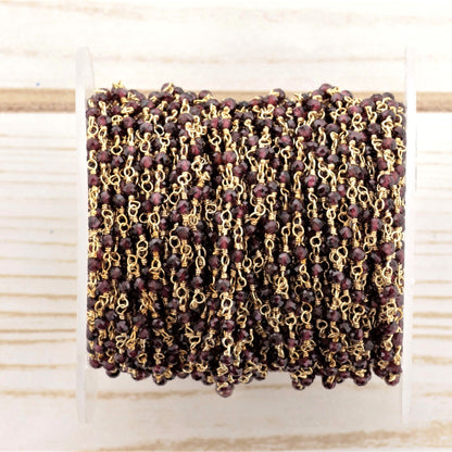 Red Garnet 2mm Faceted Rounds Rosary Chain Sterling Silver with Gold Plating Wire Wrap Chain by the Foot