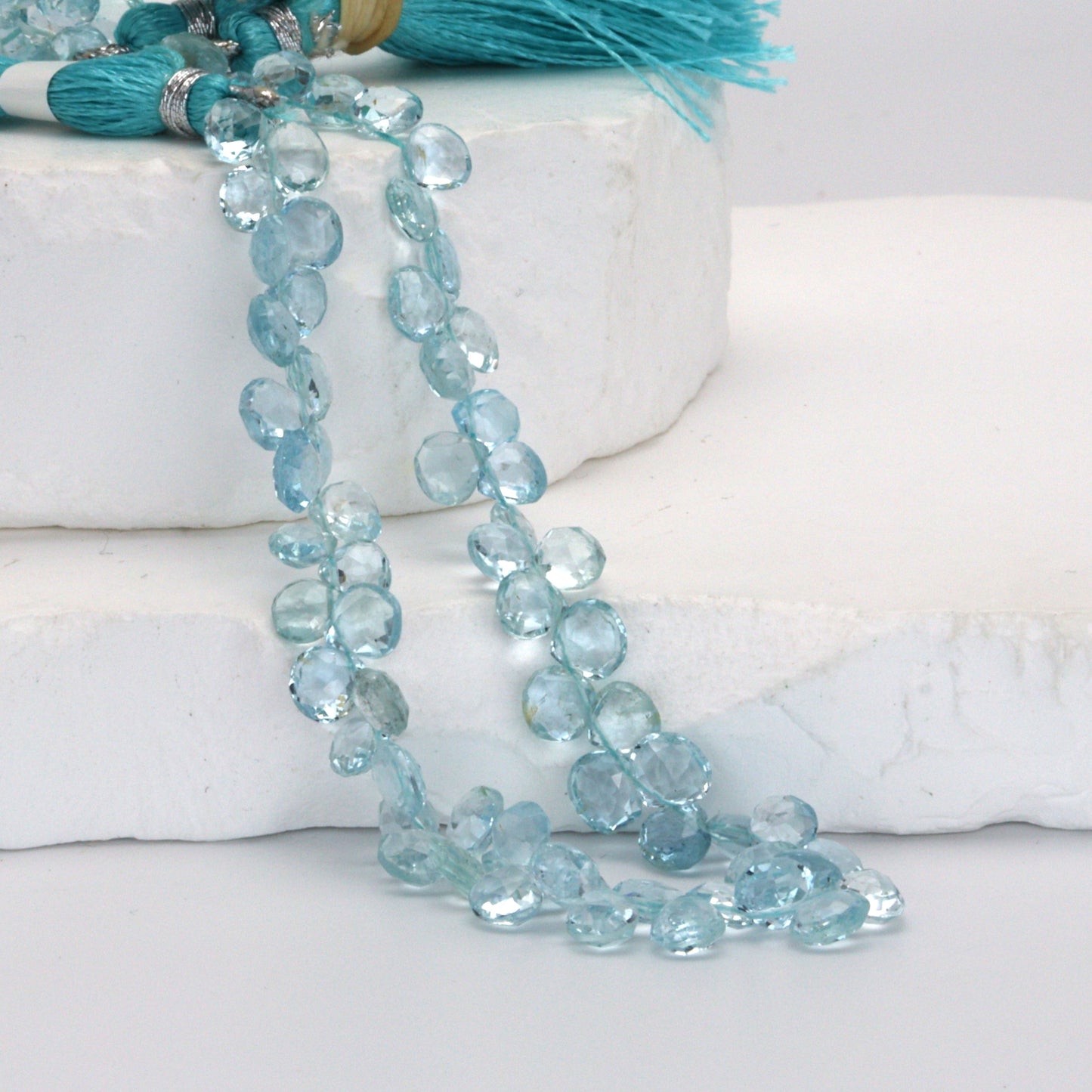 Blue Aquamarine 5mm – 6mm Faceted Heart Briolettes Bead Strand