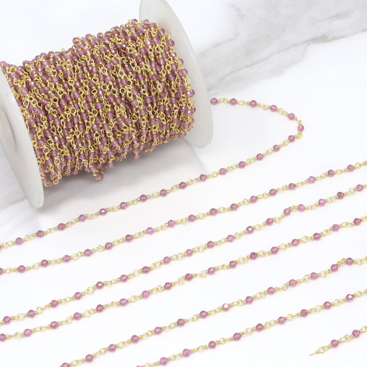 Rhodolite Garnet 2.5mm Faceted Rounds Rosary Chain Sterling Silver with Gold Plating Wire Wrap Chain by the Foot