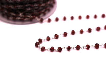 Red Garnet 3.5mm Faceted Rondelles Rosary Chain Sterling Silver Wire Wrap Chain by the Foot